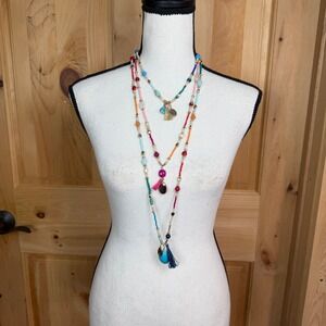 Chico's‎ Triple Strand Boho Layered Necklace Beaded with Tassels & Charms